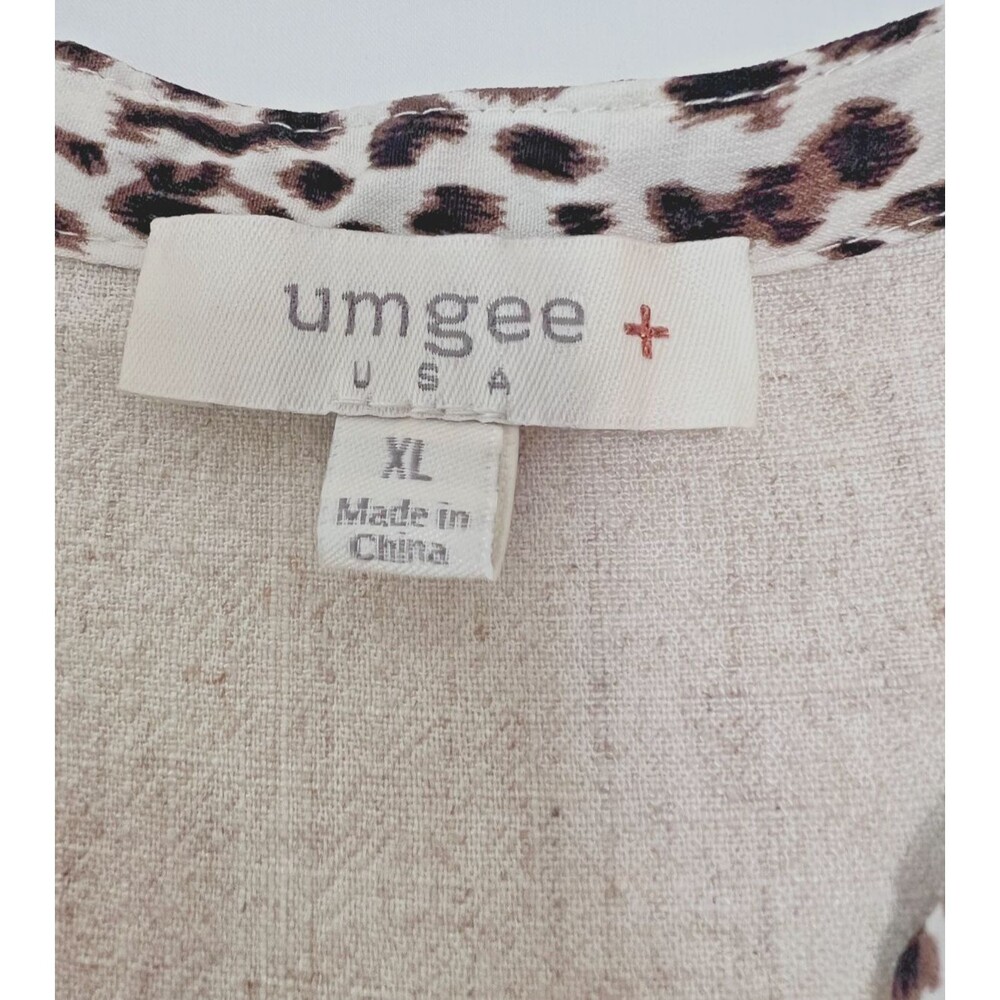 Umgee Beige Linen Blend Lagenlook Shirt Dress Animal Print Ruffle Sleeve Size XL - Picture 6 of 8